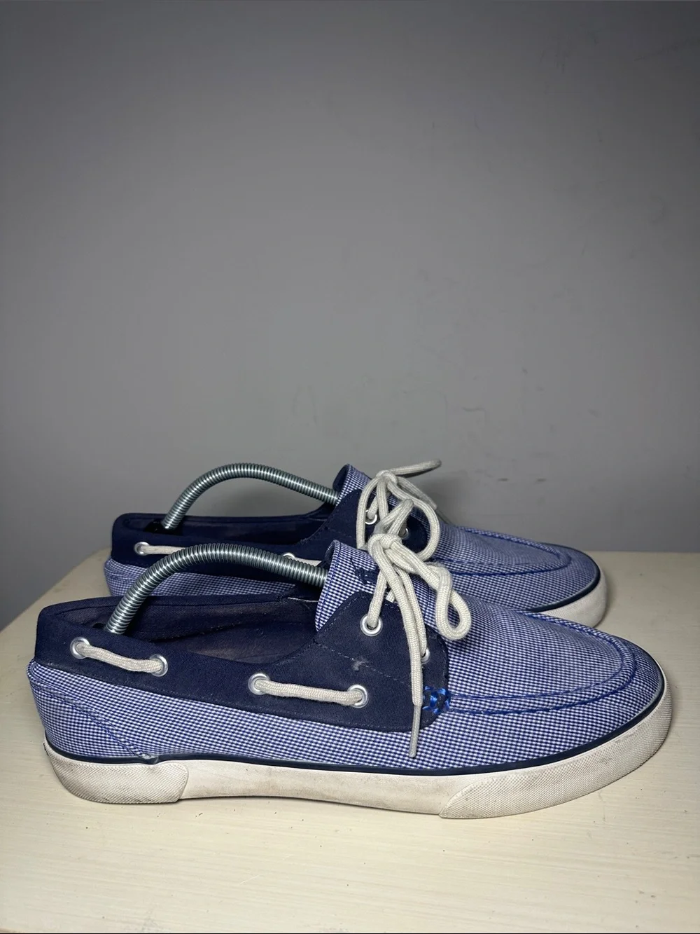 Polo Ralph Lauren Lander mini gingham Navy and Light Blue Canvas Boat Shoes